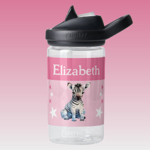 Cute zebra add name with stars kids pink water bottle