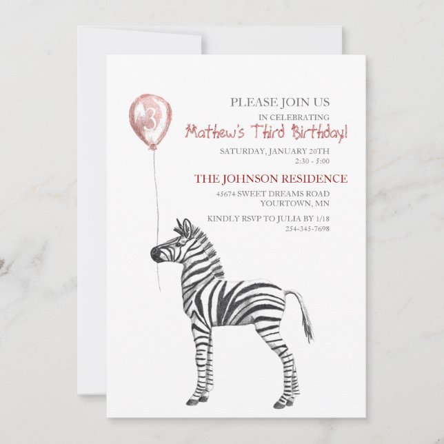 Cute Zebra Boy's Third Birthday Party Invitation (Front)