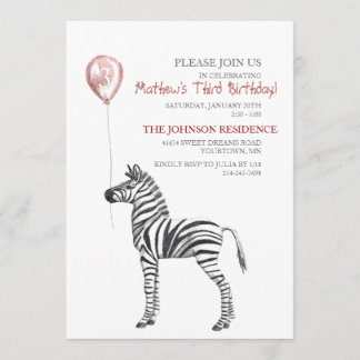 Cute Zebra Boy's Third Birthday Party Invitation