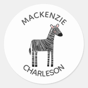 Cute Zebra Custom Name Classic Round Sticker
