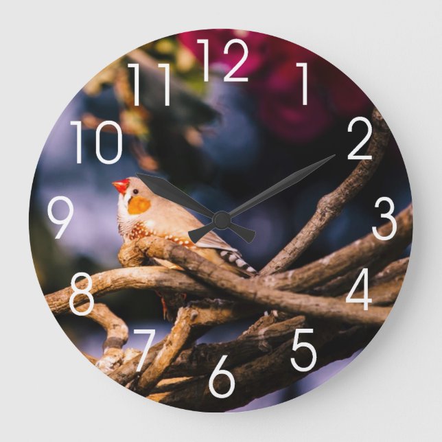 Cute Zebra Finch On Twigs Large Clock (Front)