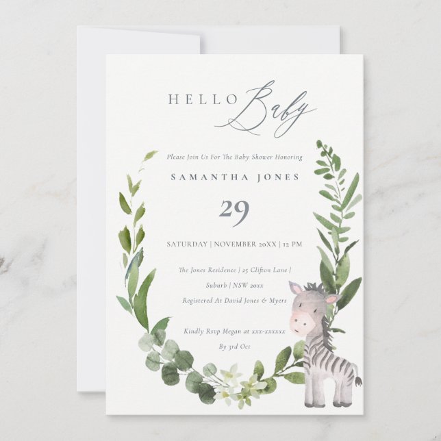 Cute Zebra Foliage Wreath Hello Baby Shower Invite (Front)