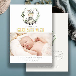 Cute Zebra Foliage Wreath Photo Birth Announcement