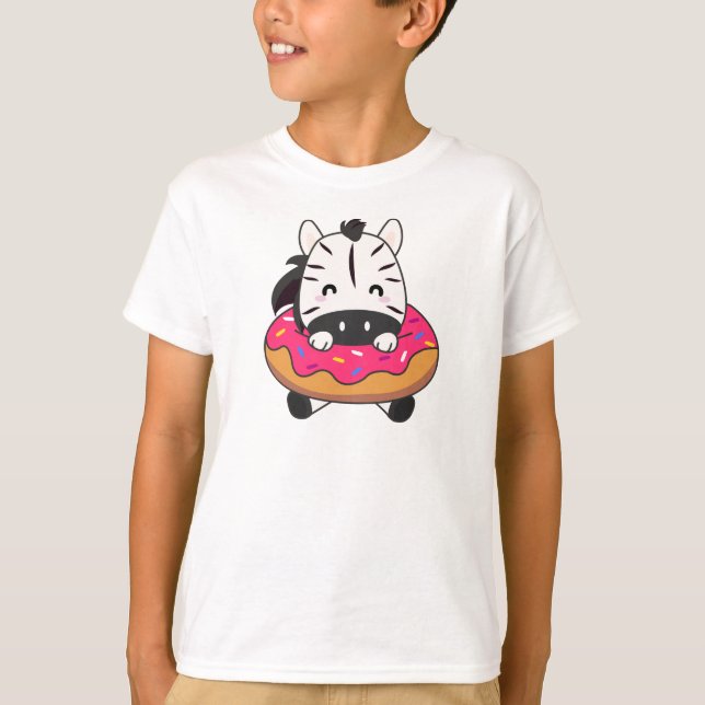 Cute Zebra Funny Animals In Doughnut Pink T-Shirt (Front)