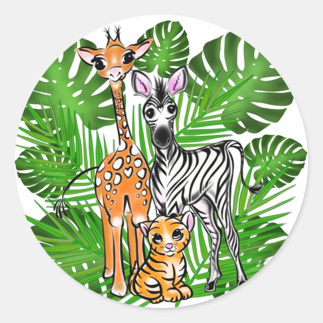 Cute zebra giraffe tiger jungle theme classic round sticker (Front)