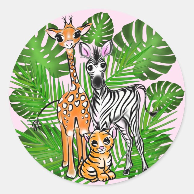 Cute zebra giraffe tiger jungle theme classic round sticker (Front)