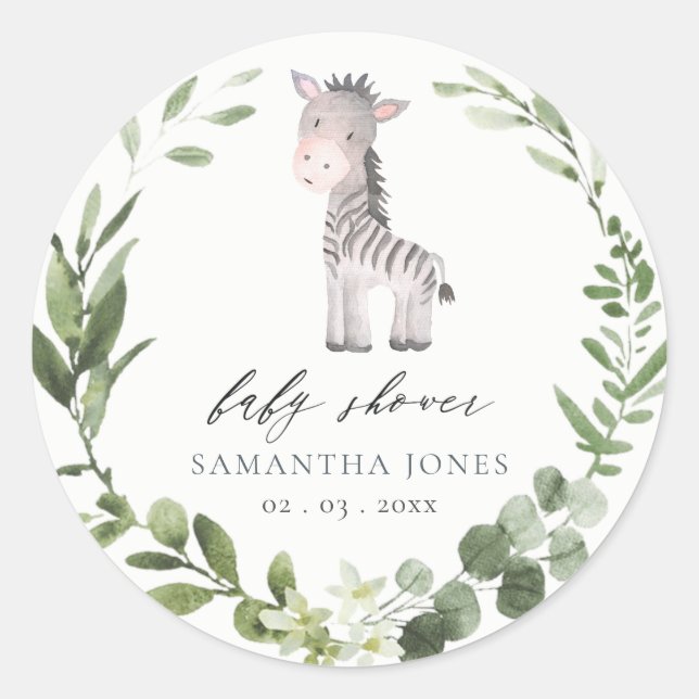 Cute Zebra Green Foliage Wreath Baby Shower Classic Round Sticker (Front)