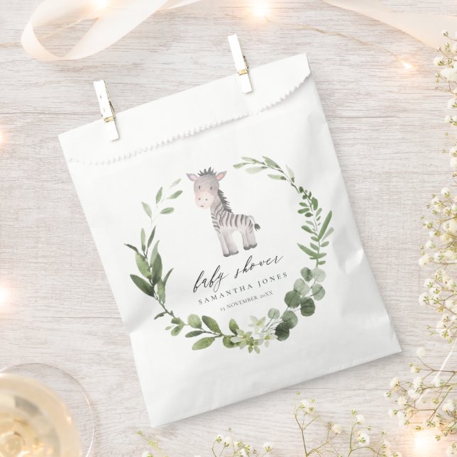Cute Zebra Green Foliage Wreath Baby Shower Paper Favour Bags (Clipped)