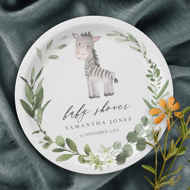 Cute Zebra Green Foliage Wreath Baby Shower Paper Plate (Creator Uploaded)