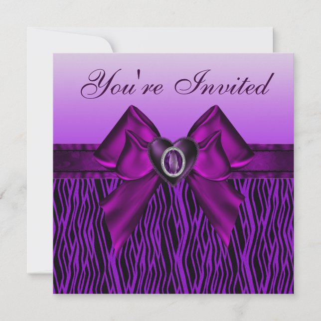 Cute Zebra & Jewel HeartsPurple Animal Print Party Invitation (Front)