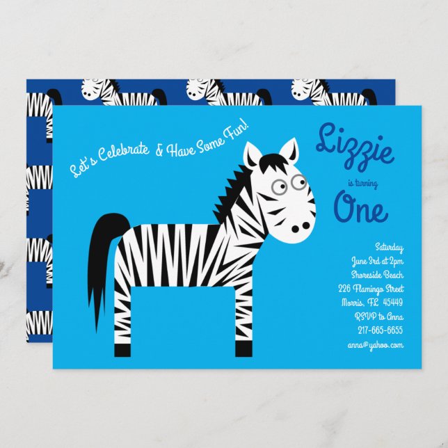 Cute Zebra Kids 1st Birthday Party Invitations (Front/Back)