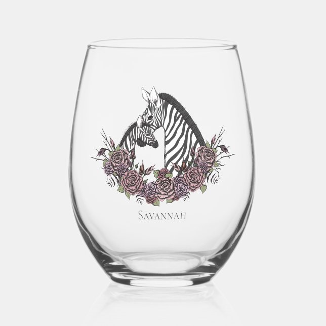 Cute Zebra Mummy & Baby Stemless Wine Glass (Front)