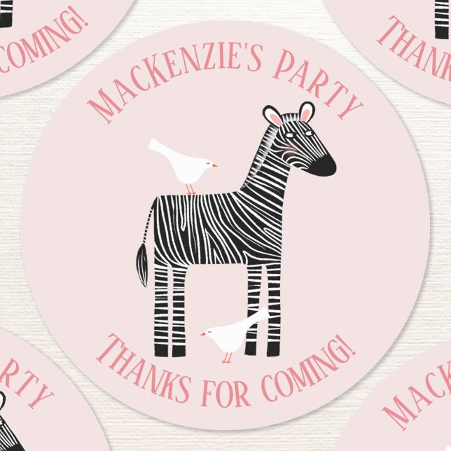Cute Zebra Party Thank You Classic Round Sticker (Fun pink zebra custom text personalized kids birthday party thank you sticker)