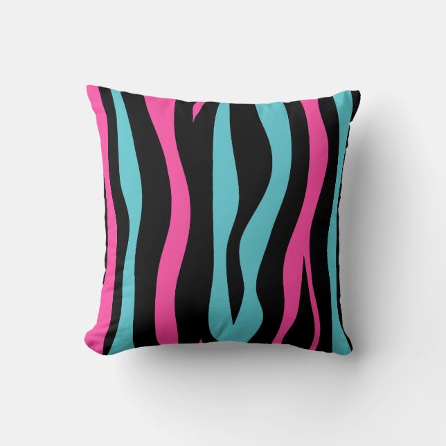 Cute zebra pattern in hot pink black and blue cushion (Front)