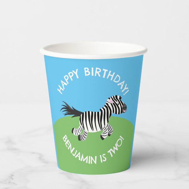Cute zebra personalised cartoon birthday paper cups (Front)