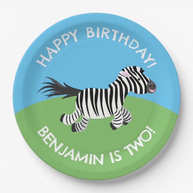 Cute zebra personalised cartoon birthday paper plate (Front)