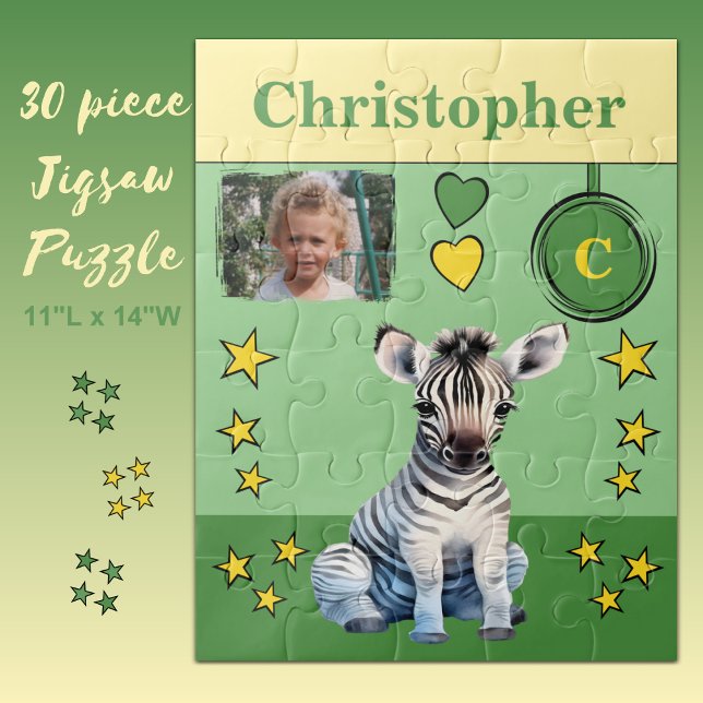 Cute zebra photo name green yellow kids jigsaw puzzle (Creator Uploaded)