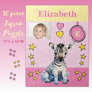 Cute zebra photo name pink yellow kids jigsaw puzzle