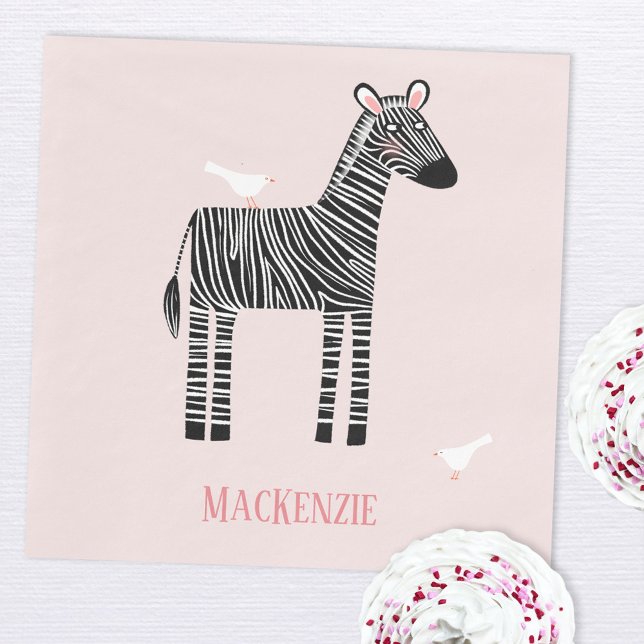 Cute Zebra Pink Party Napkin (Fun personalized name zebra party paper napkins)