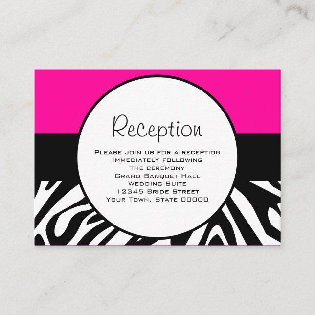 Cute Zebra Print Custom Hot Pink Reception Info Enclosure Card (Front)