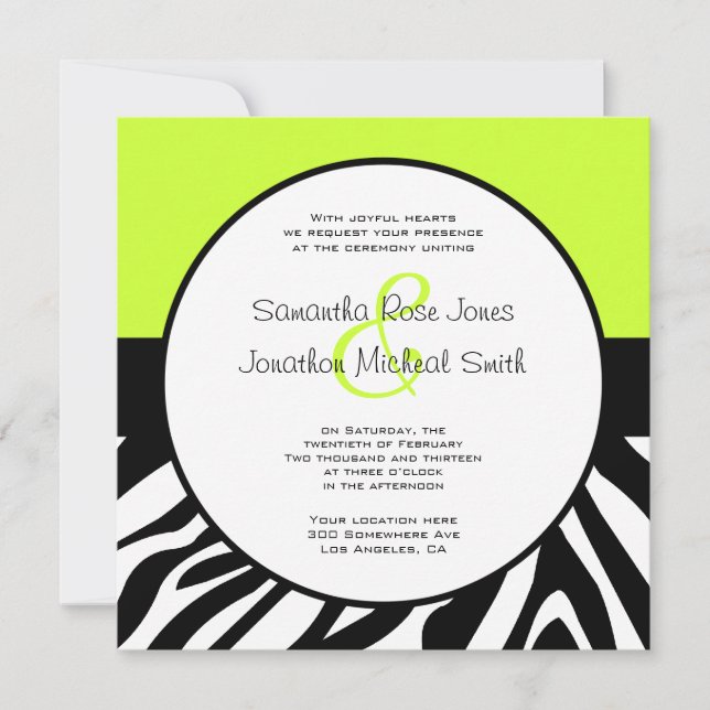 Cute Zebra Print Custom Lime Green Custom Wedding Invitation (Front)