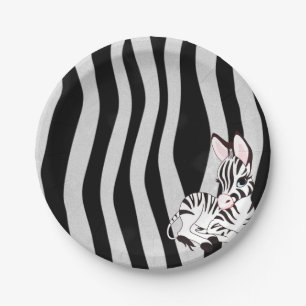 Cute Zebra Print texture With Baby Zebra Cartoon Paper Plate
