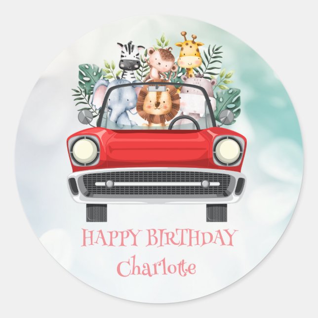 Cute Zebra Race car Safari jungle Birthday party Classic Round Sticker (Front)