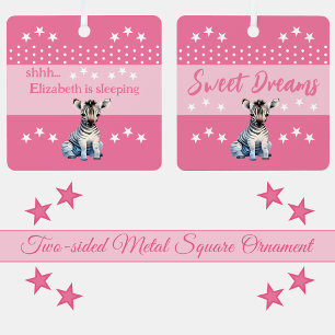 Cute zebra shhh add name is sleeping pink metal tree decoration