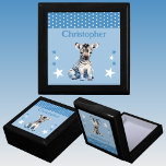 Cute zebra stars add name blue keepsake gift box<br><div class="desc">Keepsake Gift Box for children.
Personalise with a name.
Featuring a cute zebra,  polka dots and stars with the colours blue and white.</div>