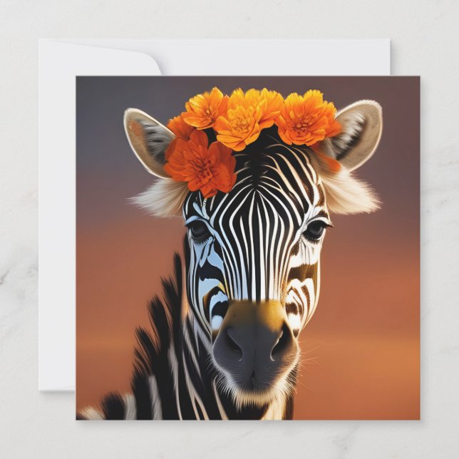 Cute Zebra wearing Orange Flowers Card (Front)
