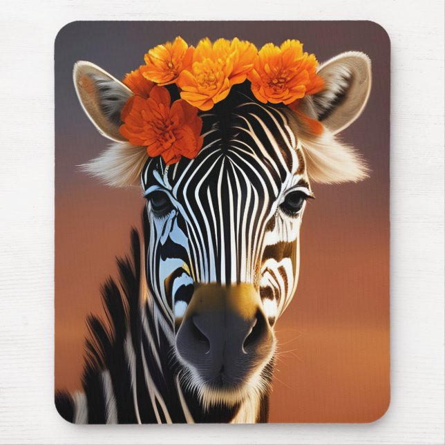 Cute Zebra wearing Orange Flowers  Mouse Pad (Front)