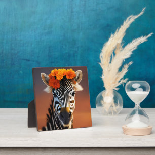 Cute Zebra wearing Orange Flowers Plaque
