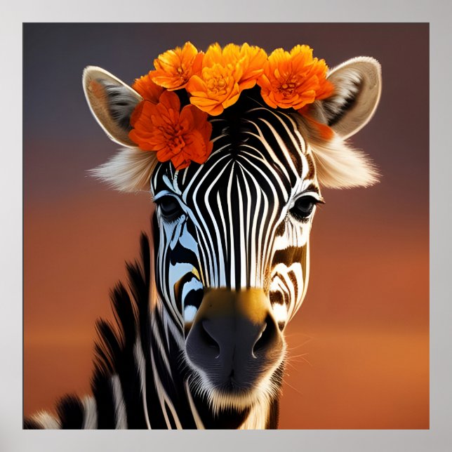 Cute Zebra wearing Orange Flowers  Poster (Front)