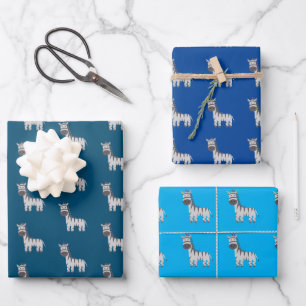 Cute Zebra Zoo Animals Black White Blue Wrapping Paper Sheet