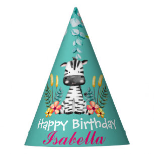 cute Zebra zoo animals jungle Floral Birthday Party Hat
