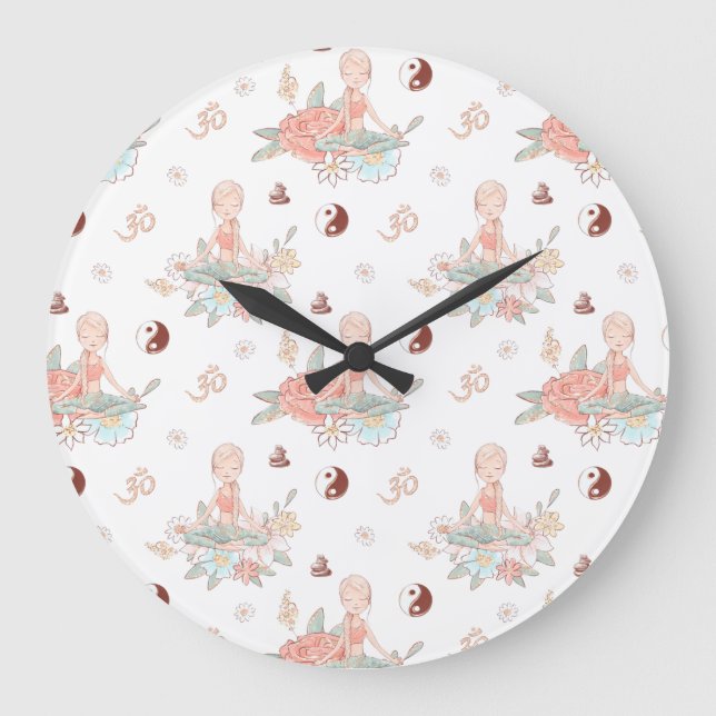 Cute Zen Yoga Meditation Lotus Namaste Pastel Large Clock (Front)