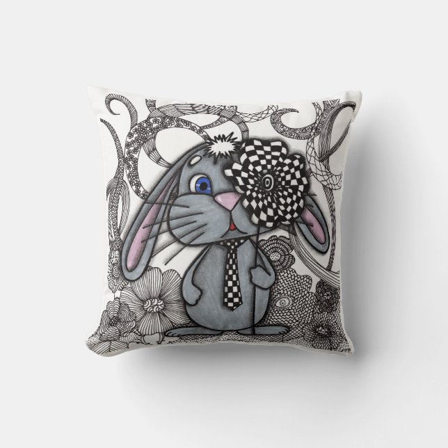 Cute Zentangle Bunny with Chequerboard Flower Thro Cushion (Front)
