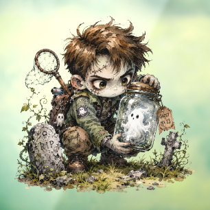 Cute Zombie Boy Catching Ghost in Jar Halloween