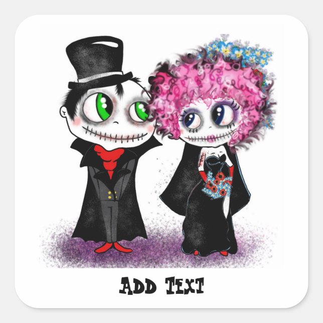 Cute zombie bride and groom cartoon GOTH wedding Square Sticker (Front)
