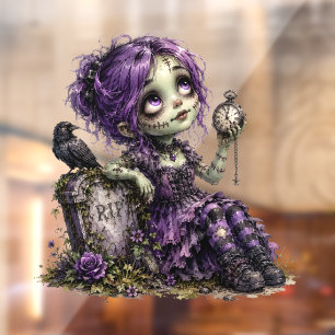 Cute Zombie Girl Sitting on Gravestone with Raven