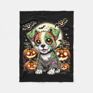 Cute Zombie Puppy With Pumpkins And Bats Halloween Fleece Blanket