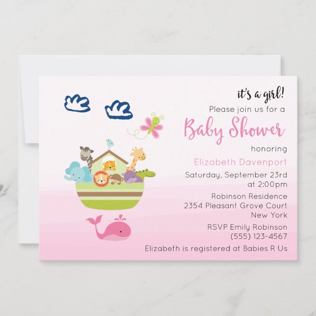 Cute Zoo Animal Ark Pink Baby Girl Shower Invitation (Front)