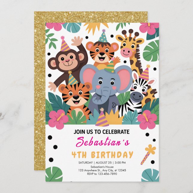 Cute Zoo Animal Kids Party Invitation (Front/Back)