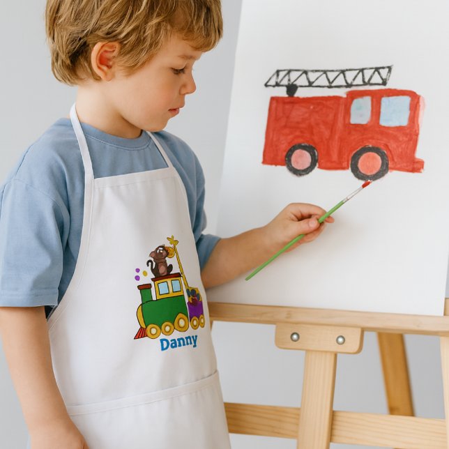 Cute Zoo Animals and Toy Train  Kids Apron (Personalize Boys apron with name or other text.  This Apron features a choo choo train)