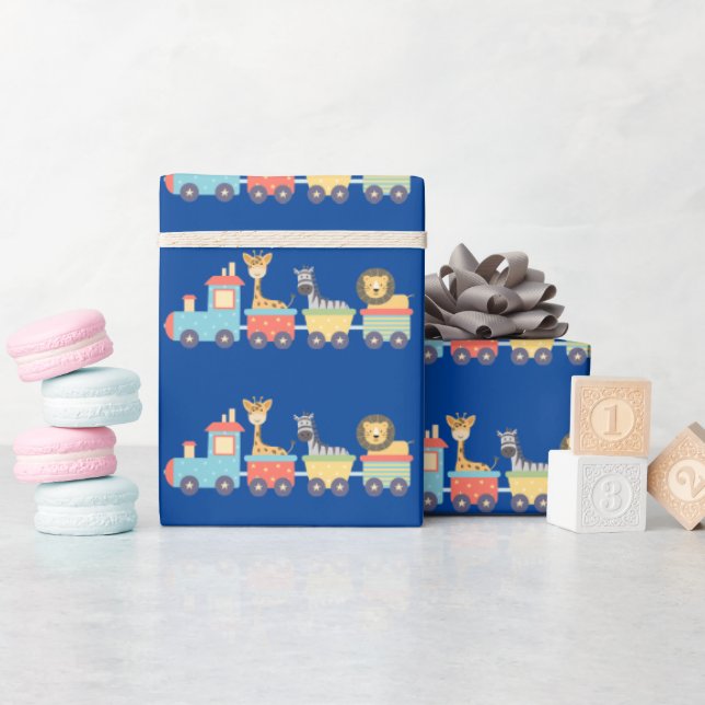 Cute Zoo Animals on Toy Train Lion Giraffe Zebra Wrapping Paper (Baby Shower)