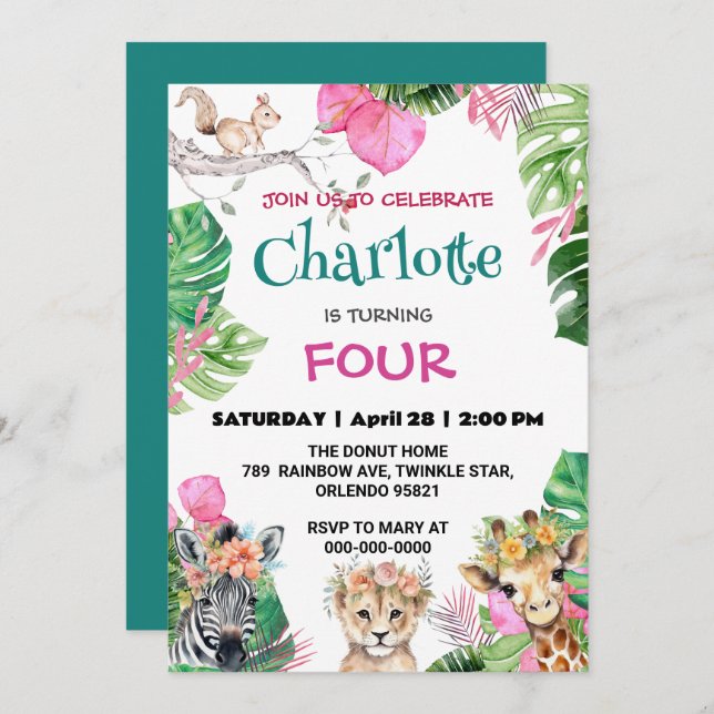 Cute Zoo jungle Animals Birthday Floral  Invitation (Front/Back)