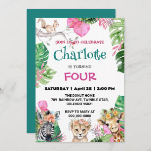Cute Zoo jungle Animals Birthday Floral  Invitation
