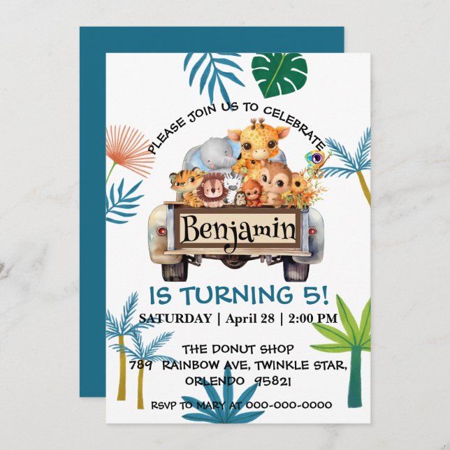 Cute Zoo jungle farm truck tractor boy Birthday  Invitation (Front/Back)