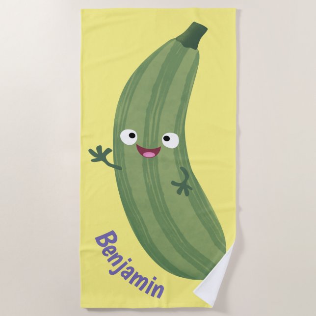 Cute zucchini happy cartoon illustration beach towel (Front)