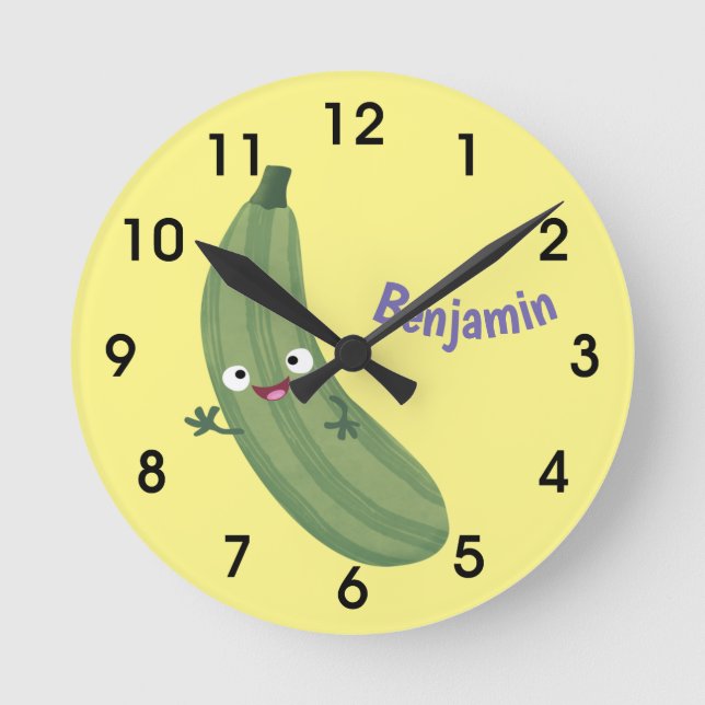 Cute zucchini happy cartoon illustration round clock (Front)